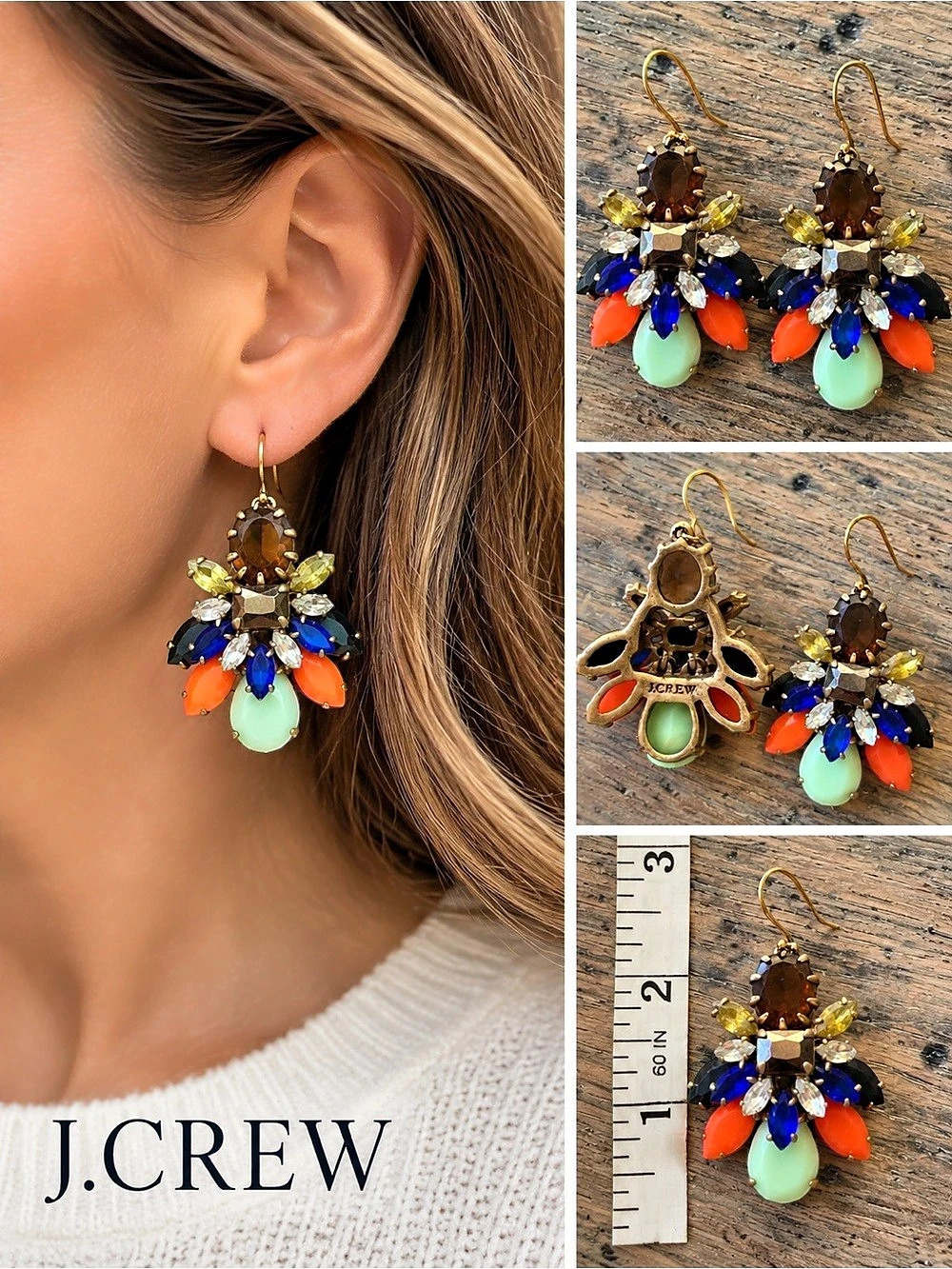 J.Crew Multicolor Crystal Statement Drop Earrings Jeweled Gold Tone